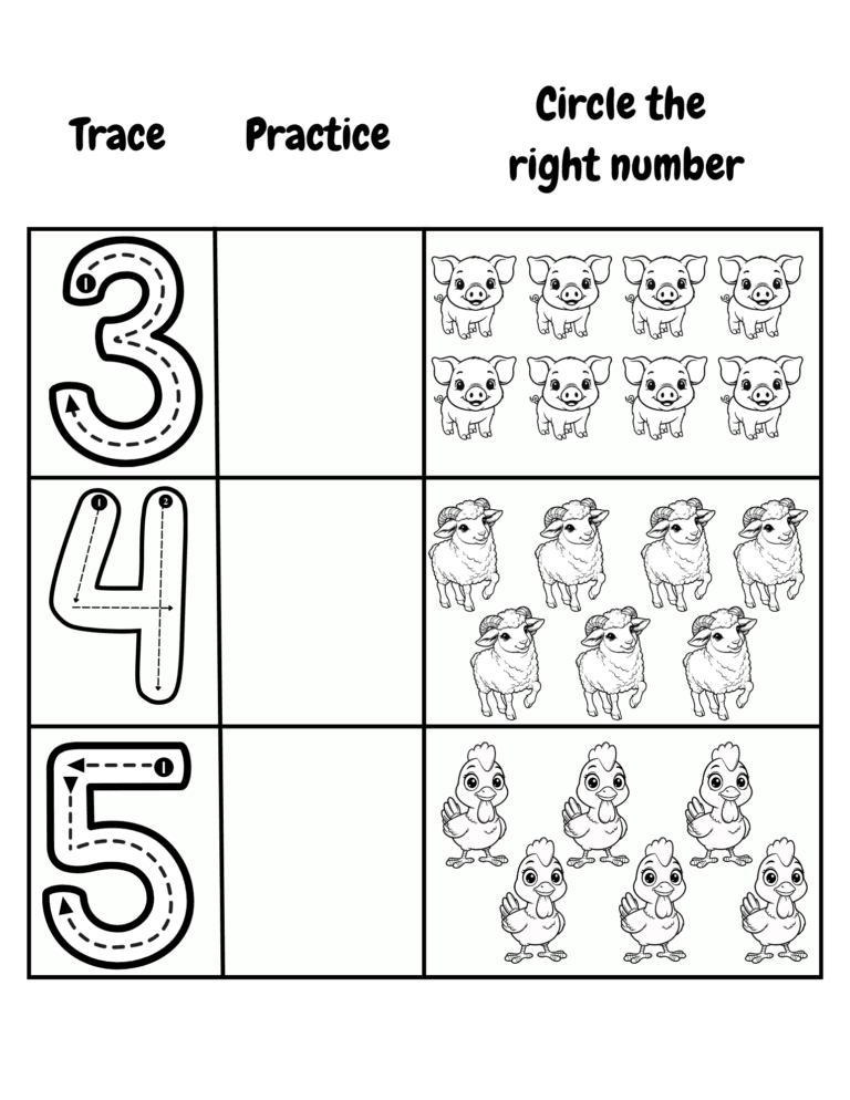 Printable Counting 3, 4 and 5 activity for kids ages 3–8