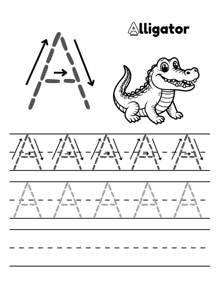 Printable Letter A tracing alligator activity for kids ages 3–8