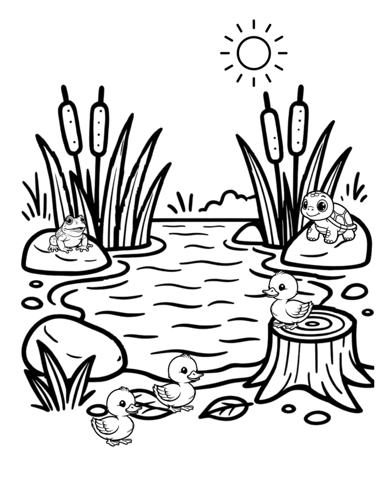 Printable Pond and cattails coloring page for kids ages 3–8
