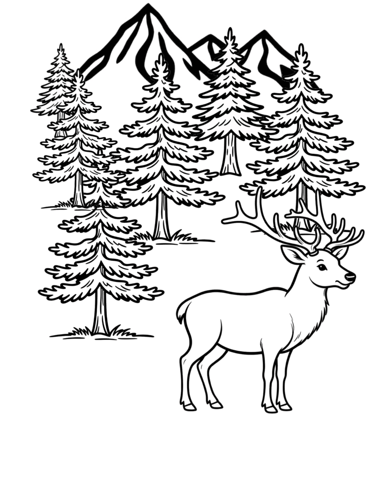 Printable Deer in the forest coloring page for kids ages 3–8