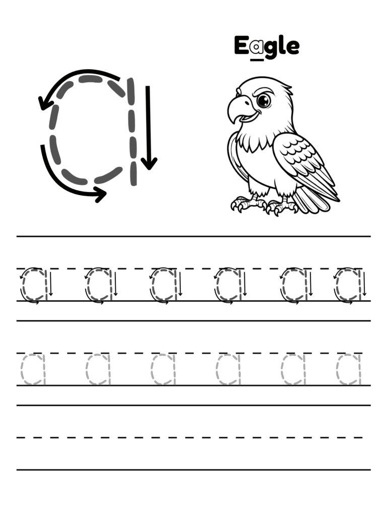Printable Letter E tracing eagle activity for kids ages 3–8