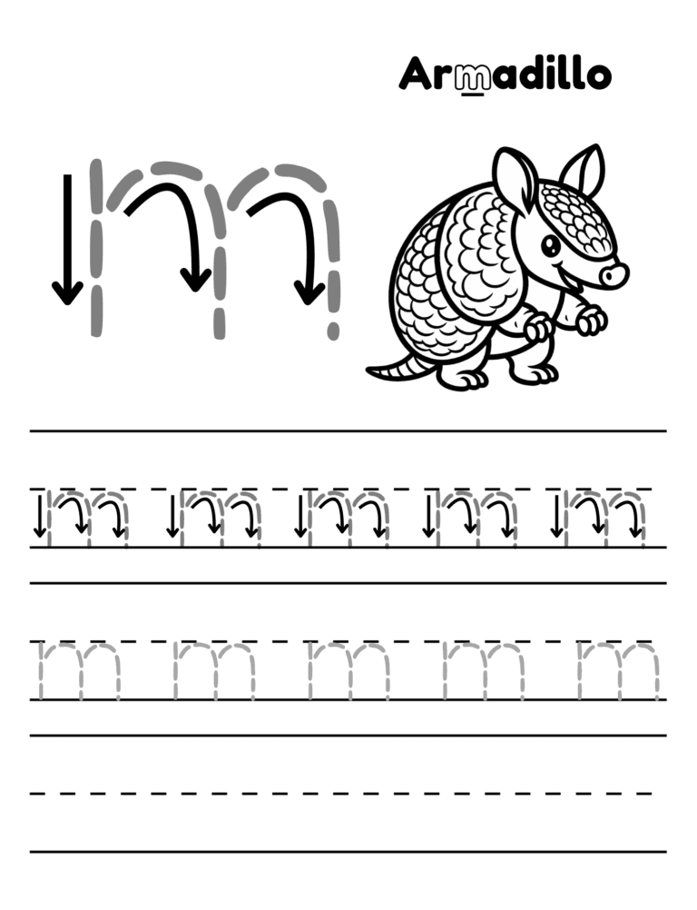 Printable Letter A tracing armadillo activity for kids ages 3–8