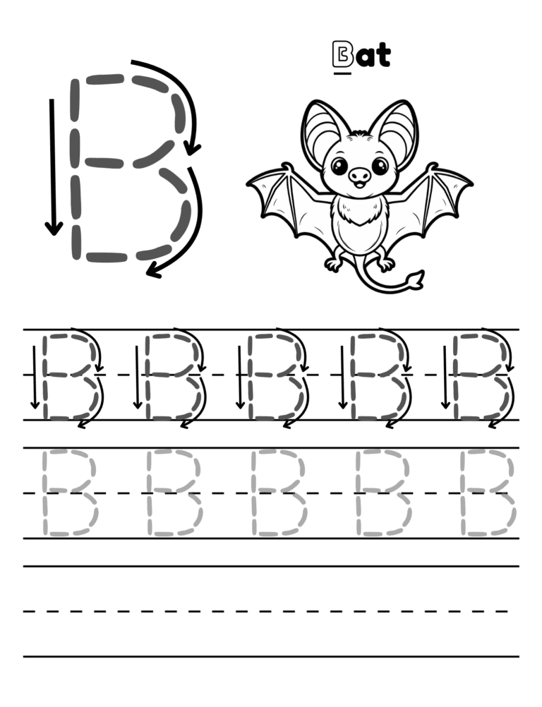 Printable Letter B tracing bat activity for kids ages 3–8