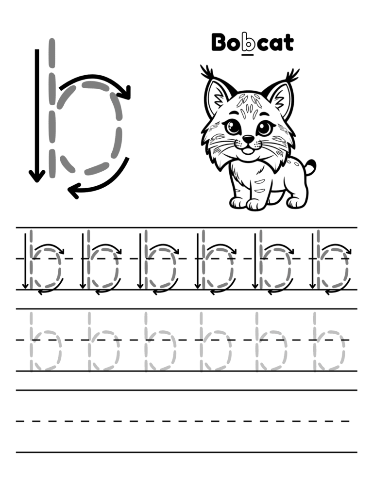 Printable Letter B tracing bobcat activity for kids ages 3–8