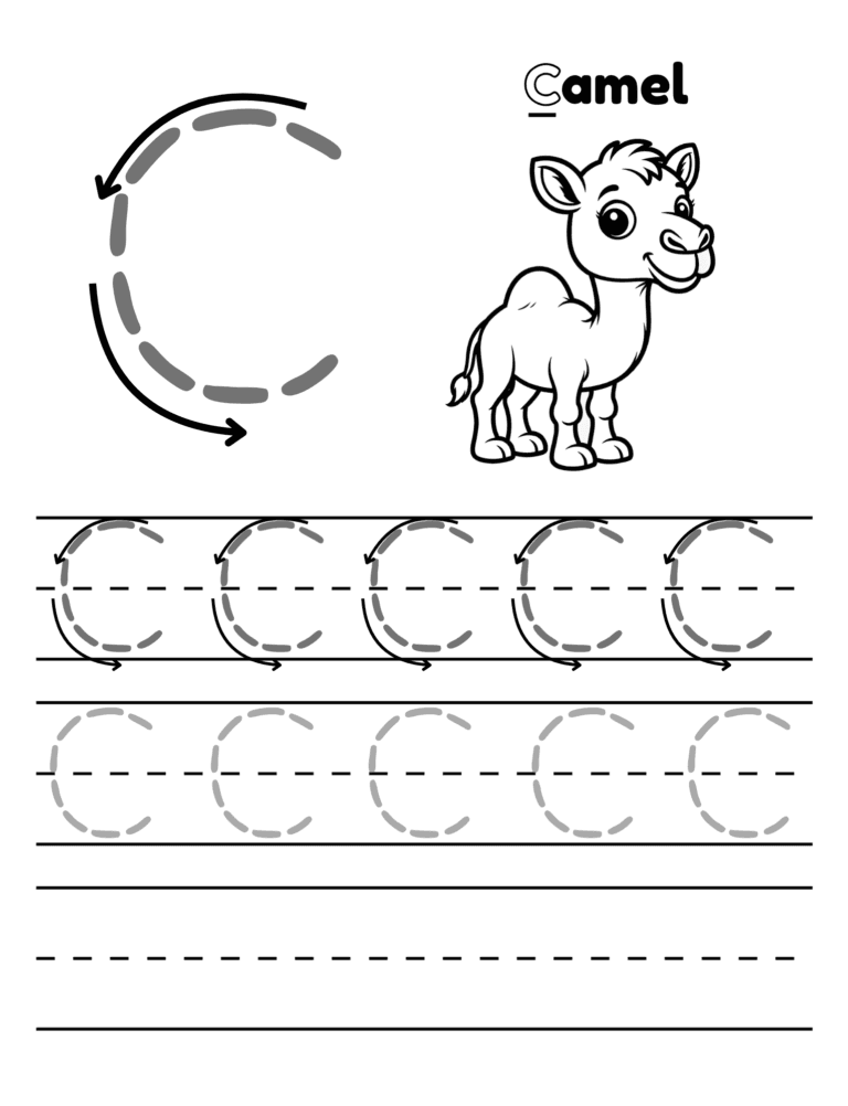 Printable Letter C tracing camel activity for kids ages 3–8