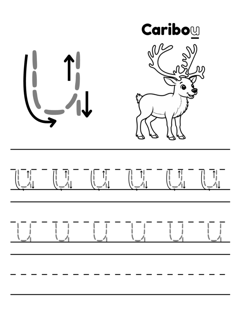Printable Letter C tracing caribou activity for kids ages 3–8