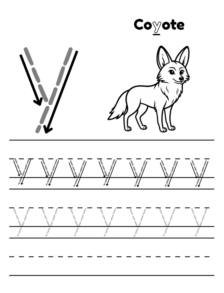 Printable Letter C tracing coyote activity for kids ages 3–8