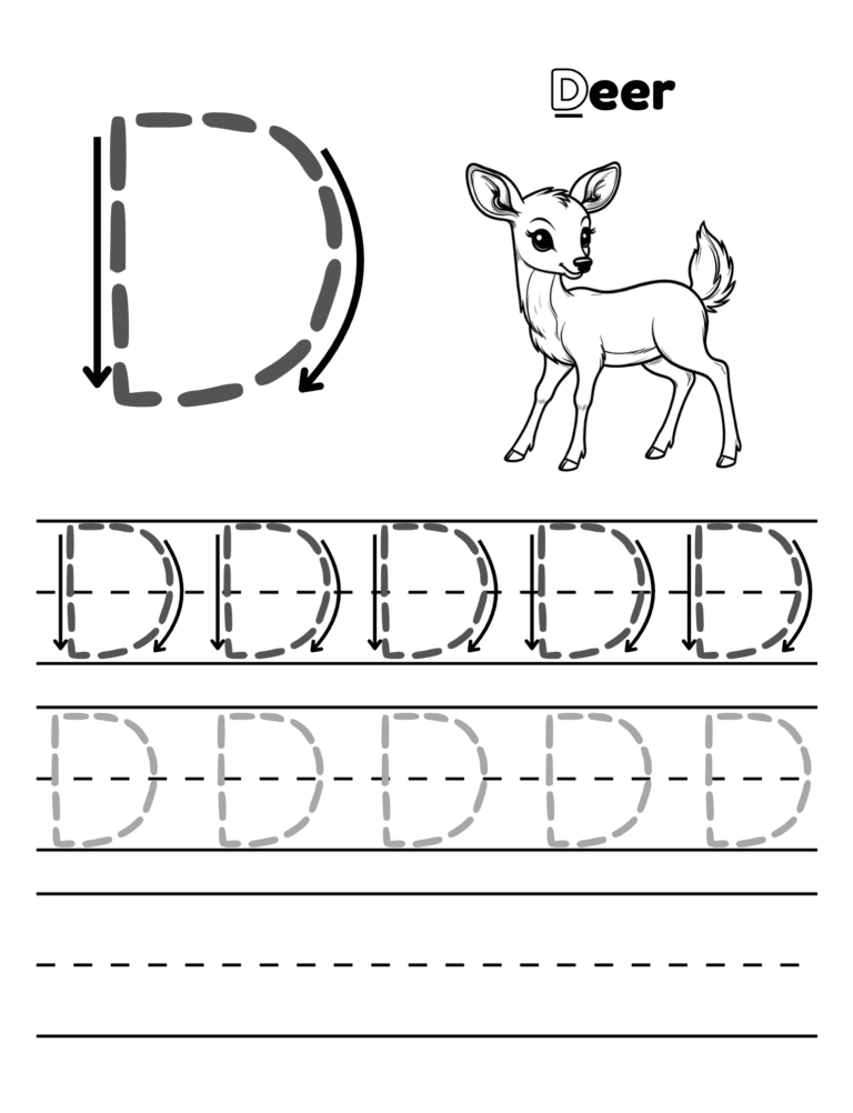 Printable Letter D tracing deer activity for kids ages 3–8