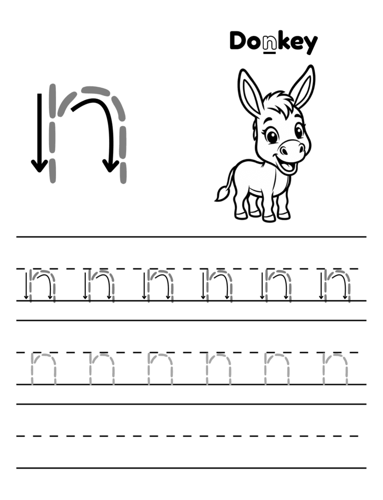 Printable Letter D tracing donkey activity for kids ages 3–8