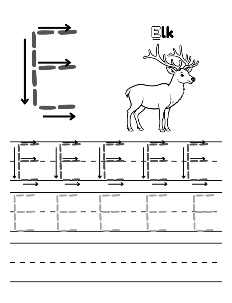 Printable Letter E tracing elk activity for kids ages 3–8