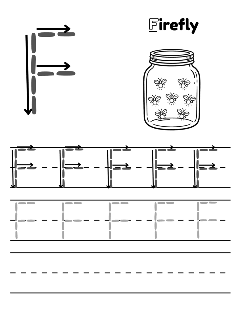 Printable Letter F tracing firefly activity for kids ages 3–8