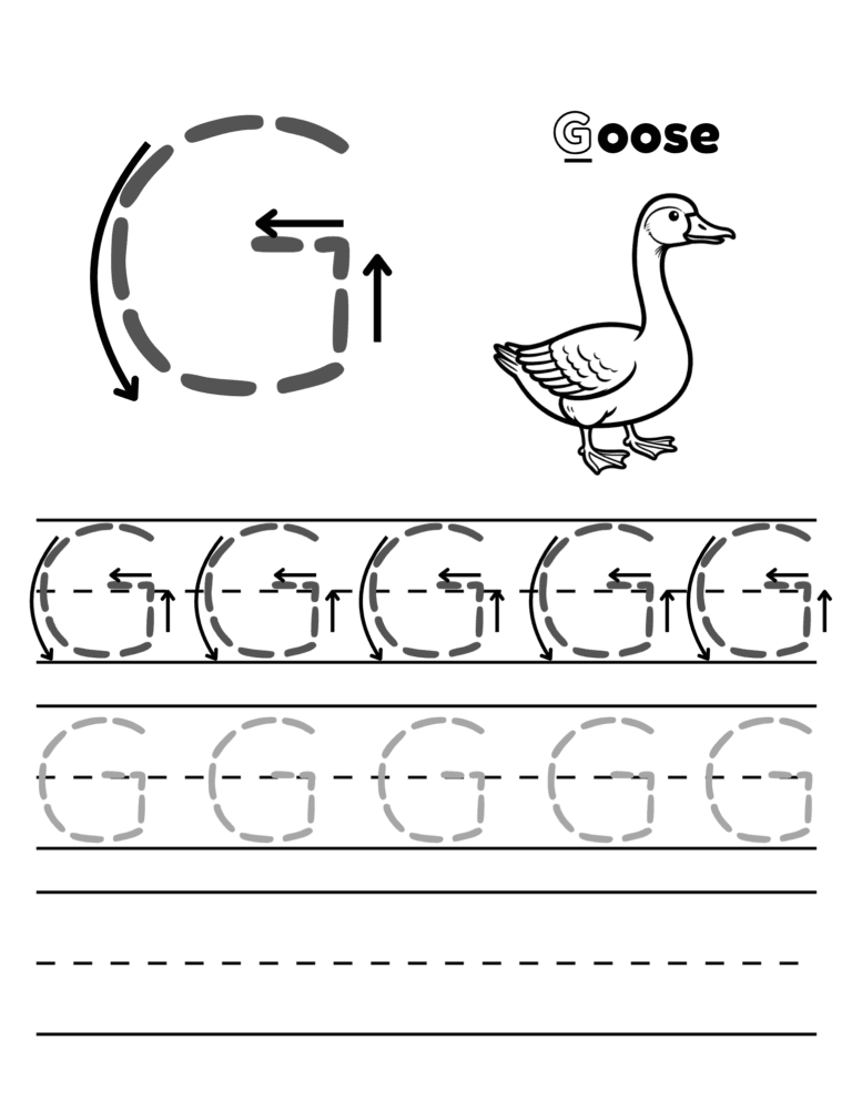 Printable Letter G tracing goose activity for kids ages 3–8
