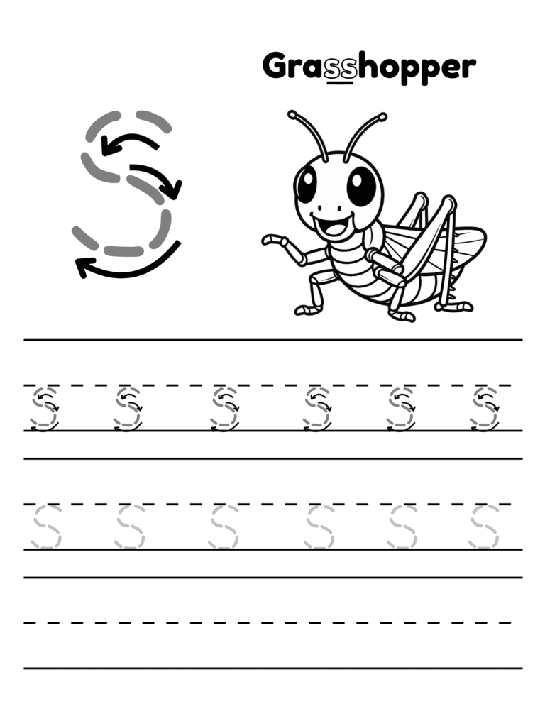 Printable Letter G tracing grasshopper activity for kids ages 3–8