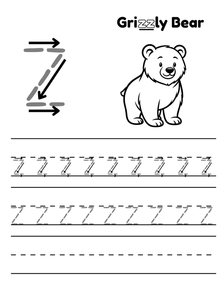 Printable Letter Z tracing grizzly bear for kids ages 3–8