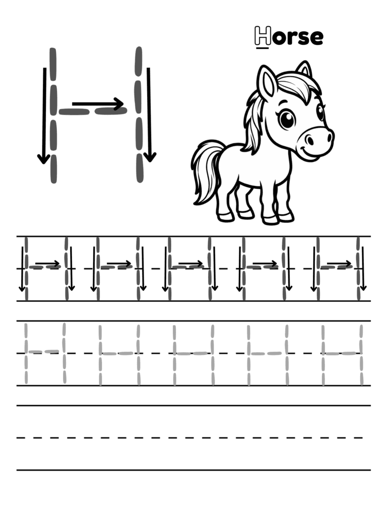 Printable Letter H tracing horse activity for kids ages 3–8