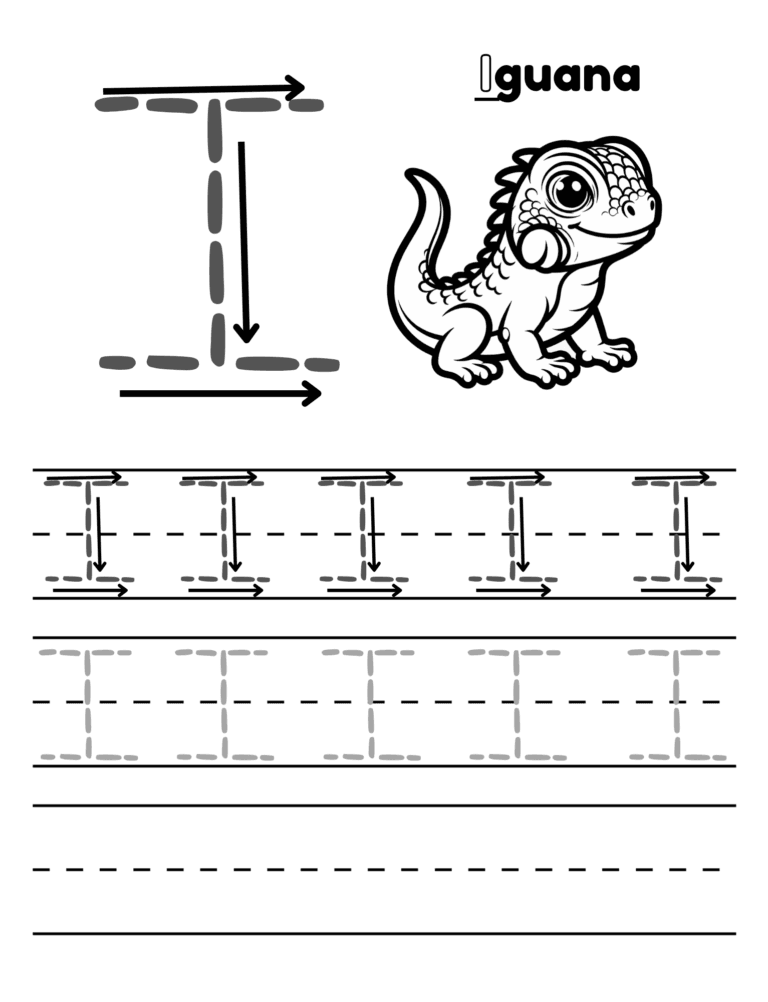 Printable Letter I tracing iguana activity for kids ages 3–8