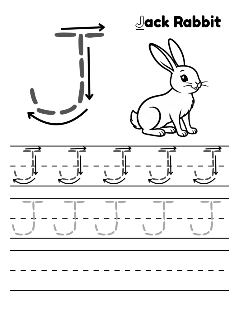 Printable Letter J tracing jack rabbit for kids ages 3–8