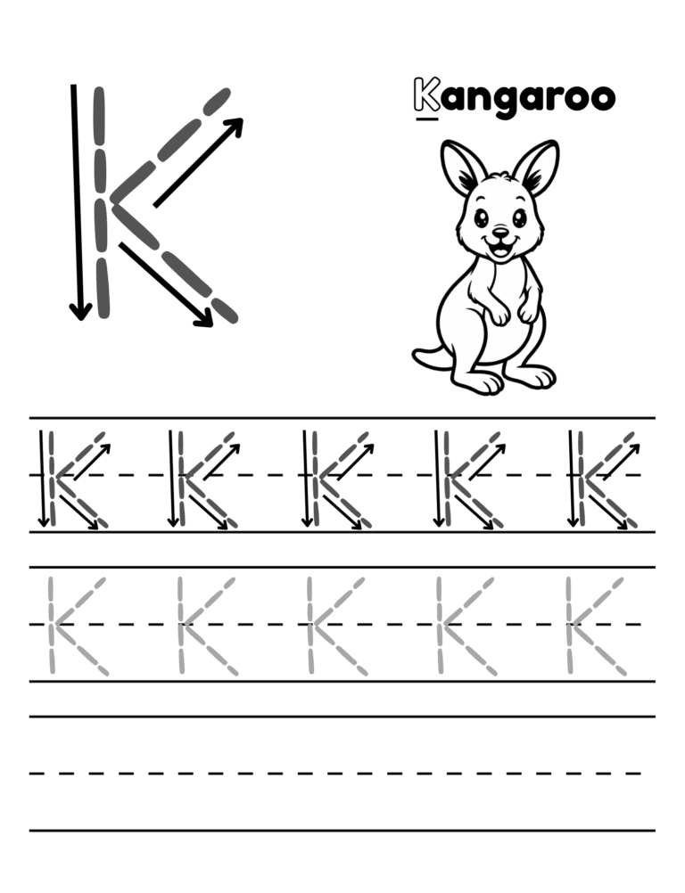 Printable Letter K tracing kangaroo activity for kids ages 3–8