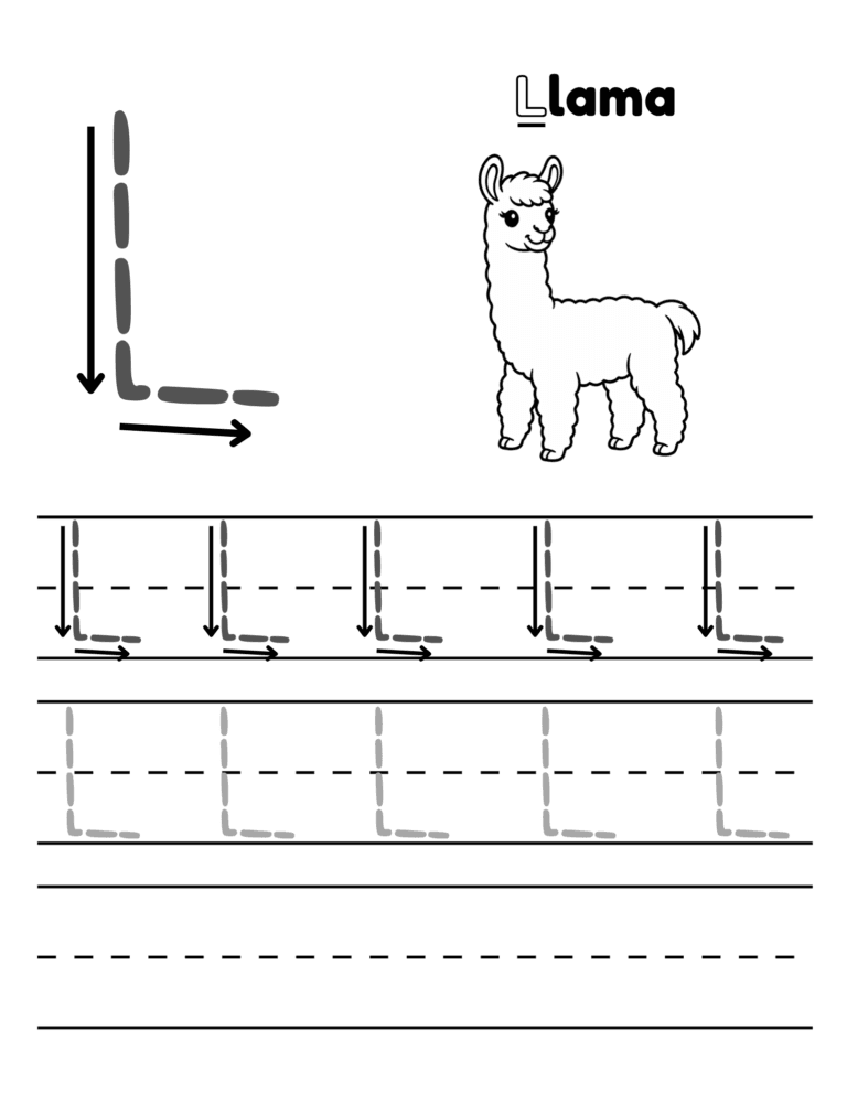Printable Letter L tracing llama activity for kids ages 3–8