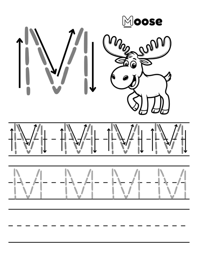 Printable Letter M tracing moose activity for kids ages 3–8