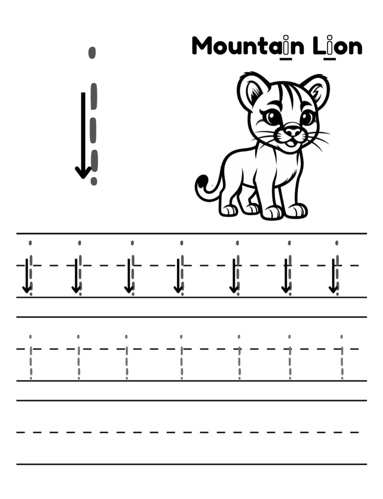 Printable Letter i tracing mountain lion for kids ages 3–8