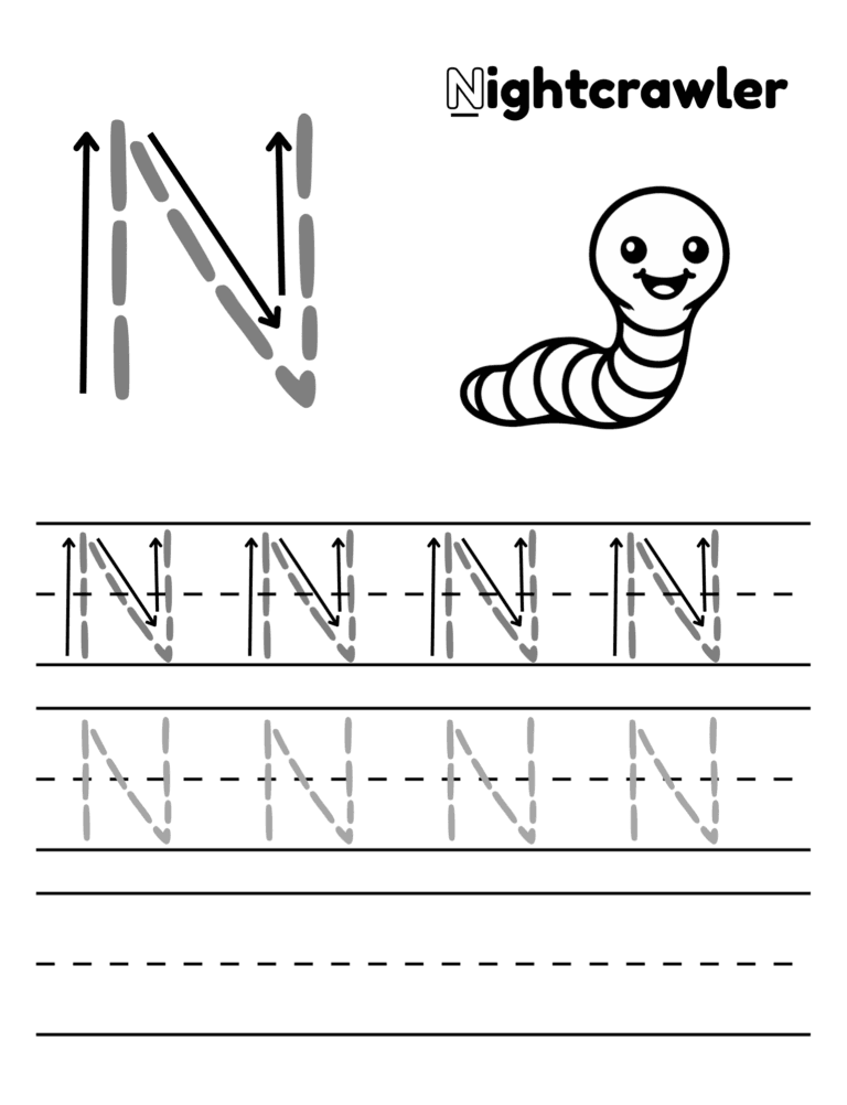 Printable Letter N tracing nightcrawler activity for kids ages 3–8