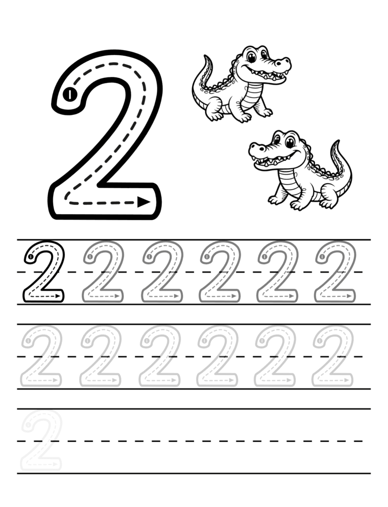 Printable Number 2 tracing alligators for kids ages 3–8
