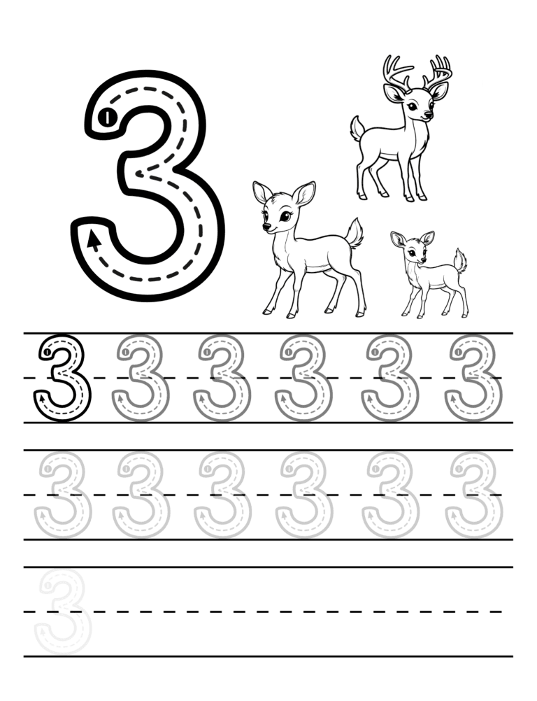 Printable Number 3 tracing deer for kids ages 3–8