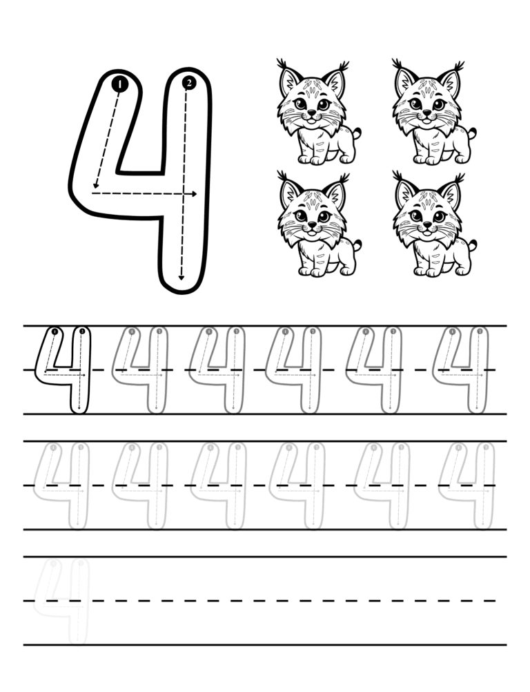Printable Number 4 tracing lynx kittens for kids ages 3–8
