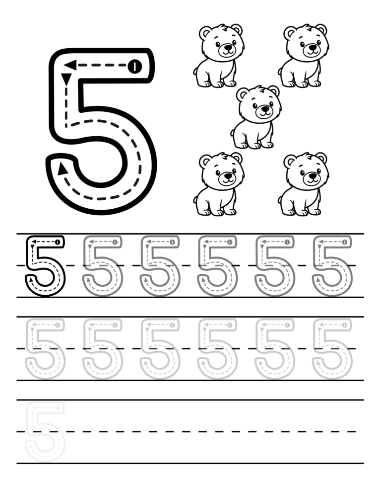 Printable Number 5 tracing bear cubs for kids ages 3–8