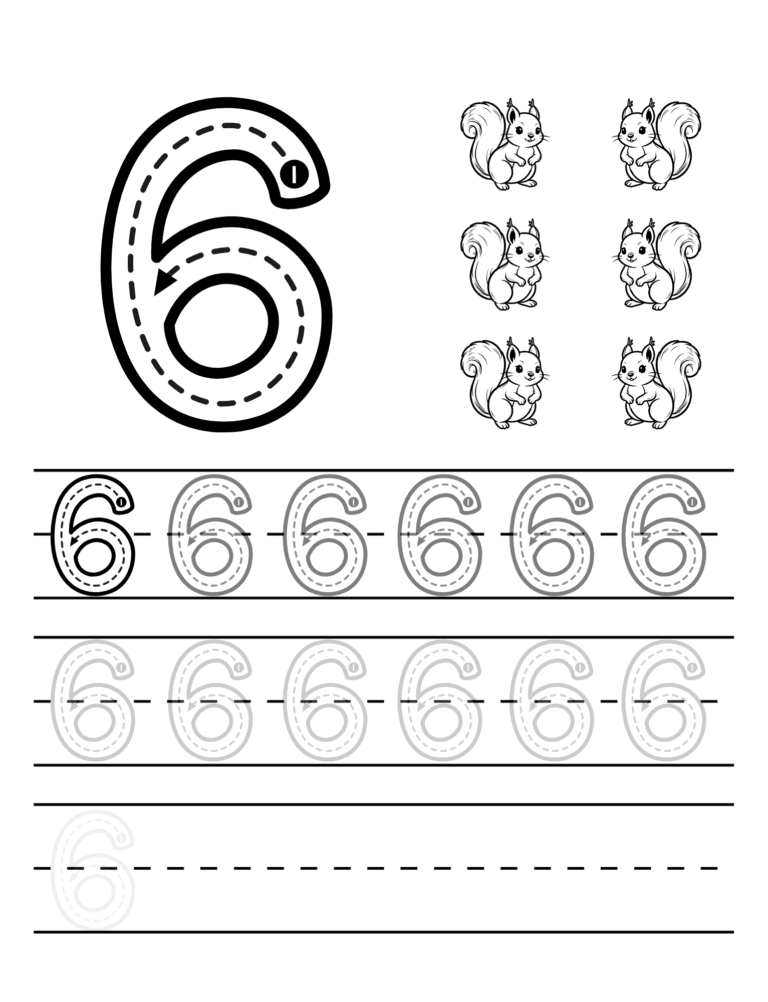 Printable Number 6 tracing squirrels for kids ages 3–8