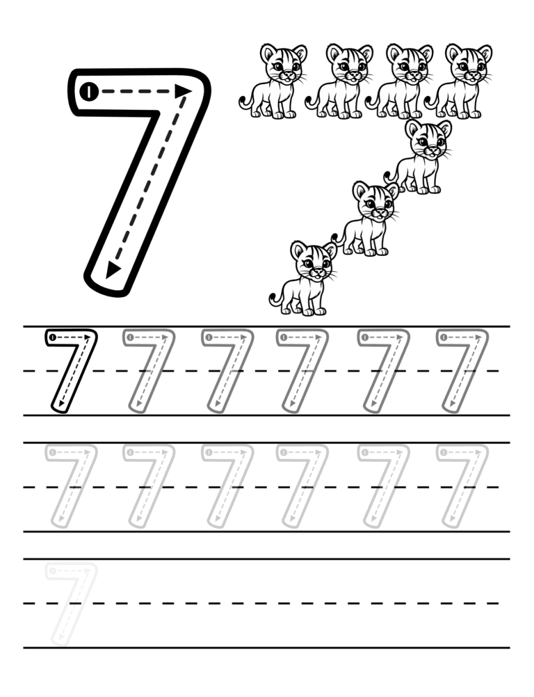 Printable Number 7 tracing raccoons for kids ages 3–8