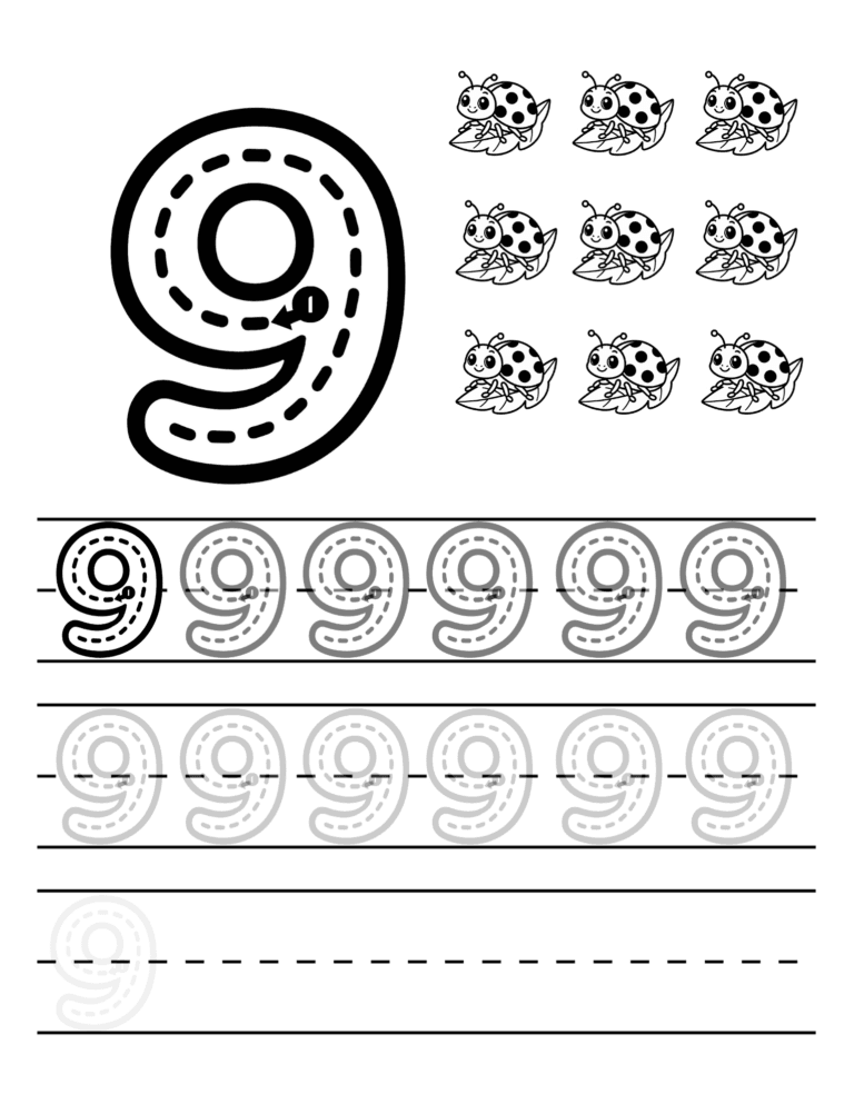 Printable Number 9 tracing for kids ages 3–8