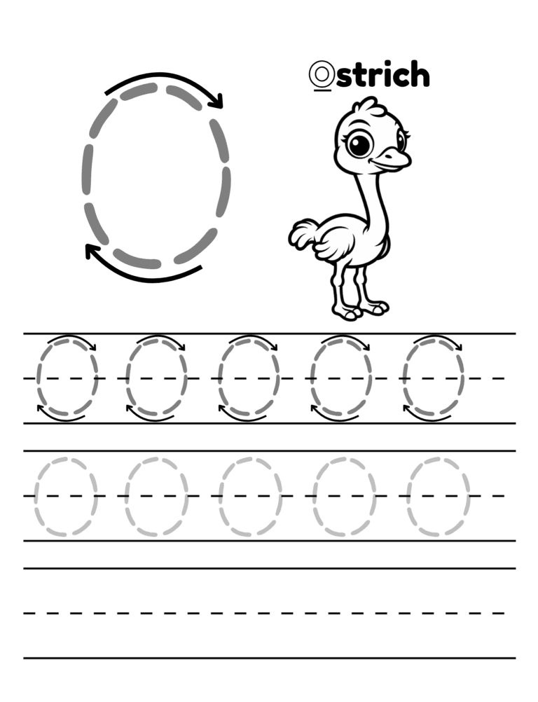 Printable Letter O tracing ostrich activity for kids ages 3–8