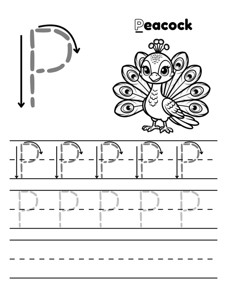 Printable Letter P tracing peacock activity for kids ages 3–8