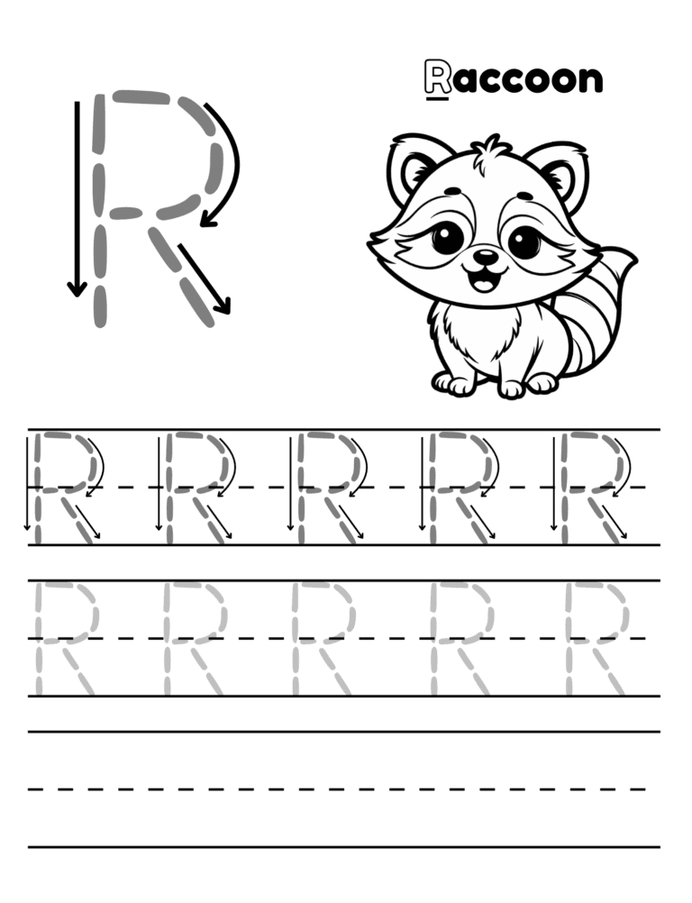 Printable Letter R tracing racoon activity for kids ages 3–8