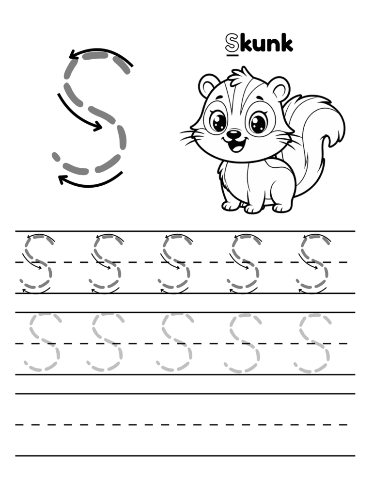 Printable Letter S tracing skunk activity for kids ages 3–8