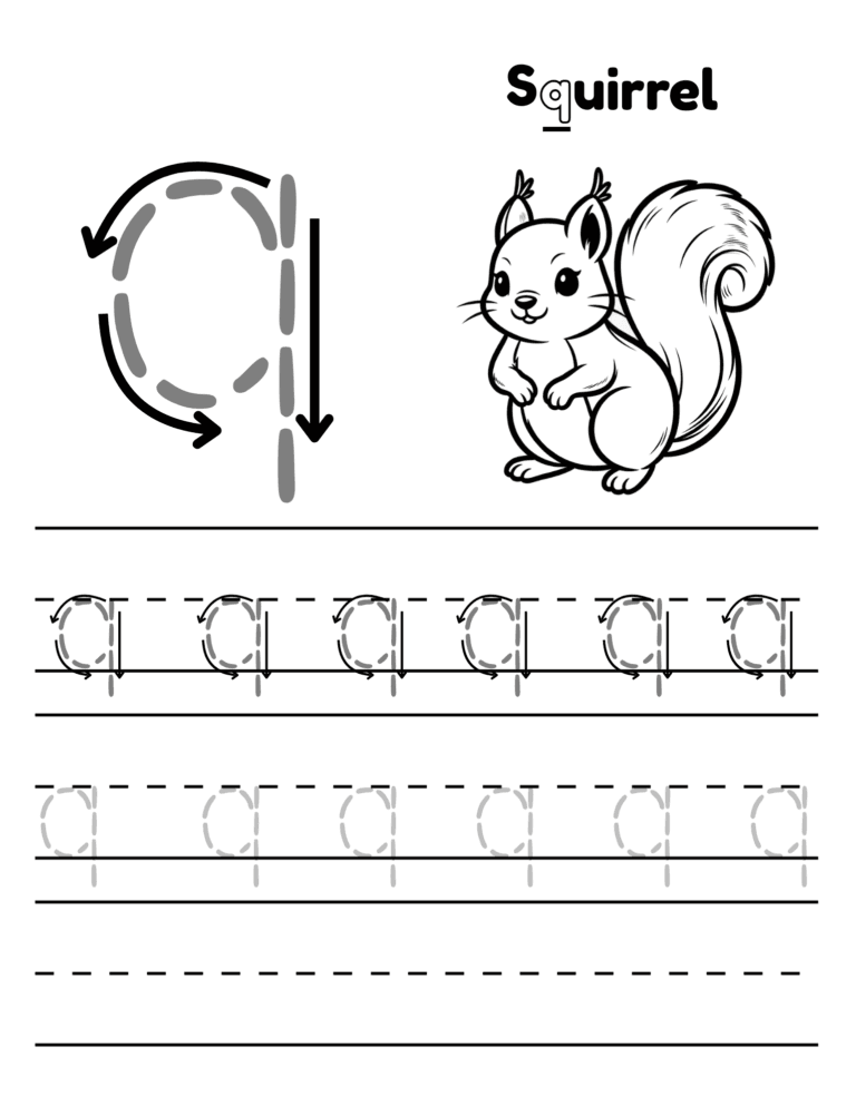 Printable Letter S tracing squirrel activity for kids ages 3–8