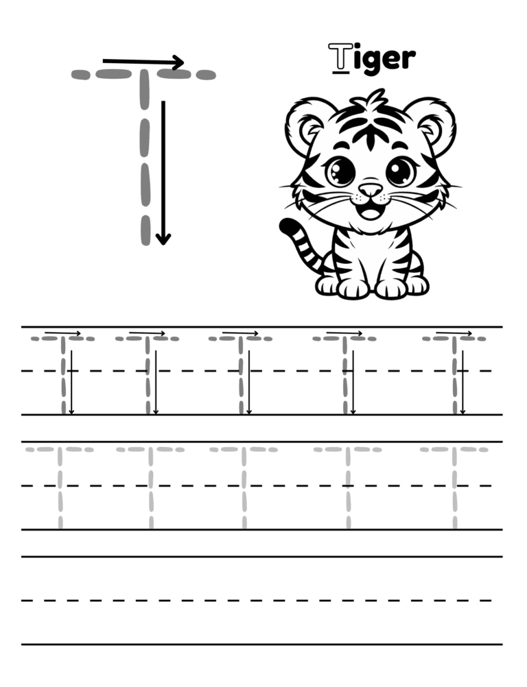 Printable Letter T tracing tiger activity for kids ages 3–8