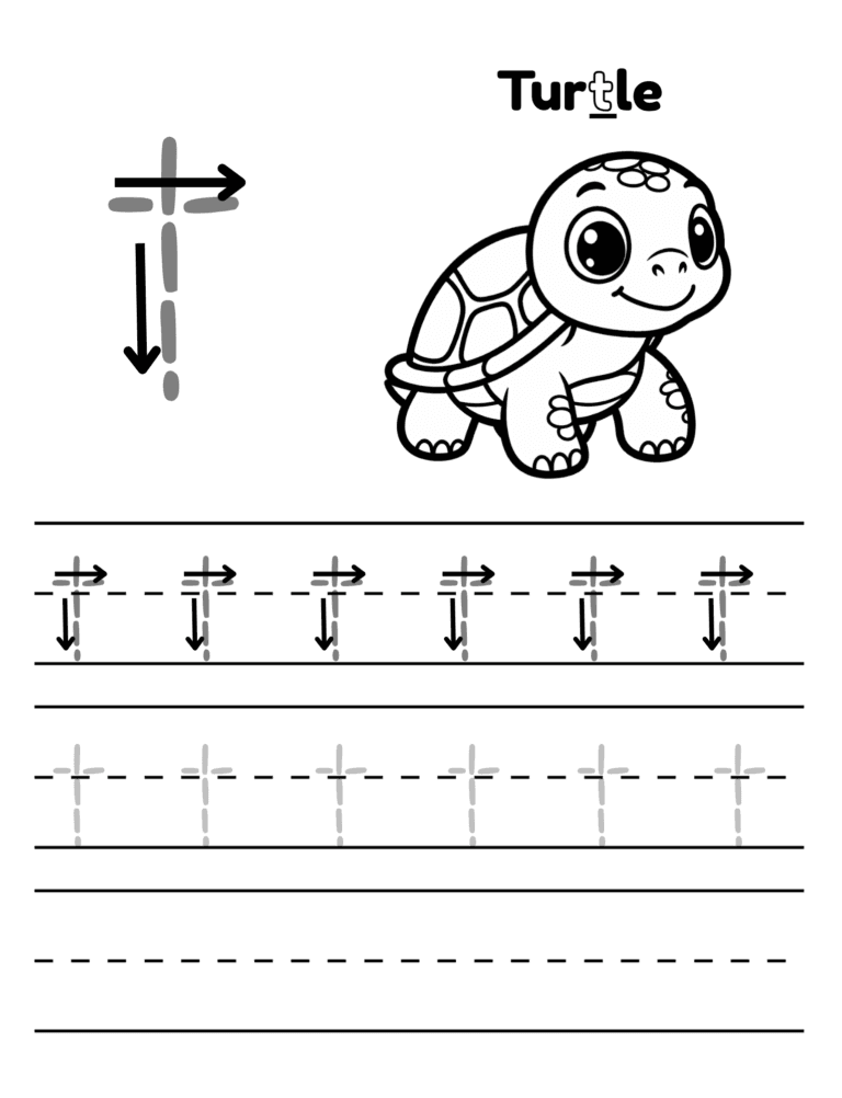 Printable Letter T tracing turtle activity for kids ages 3–8