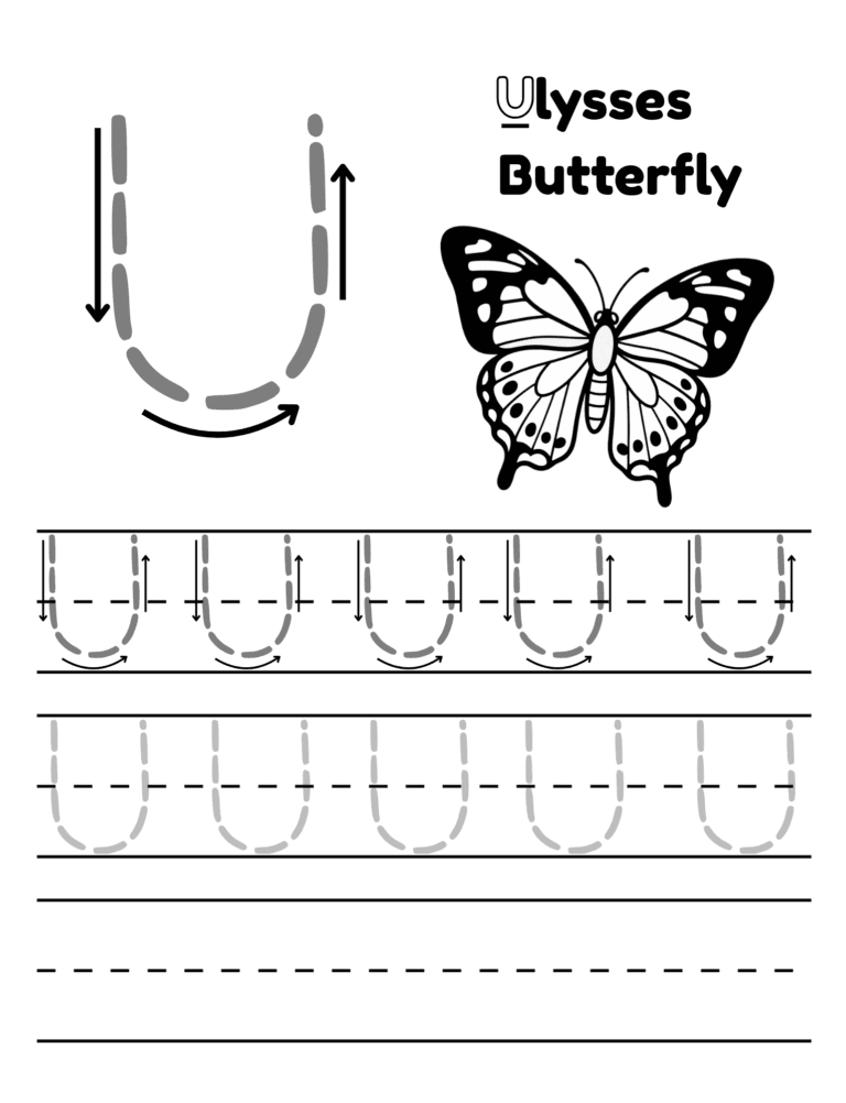 Printable Letter U tracing ulysses butterfly for kids ages 3–8
