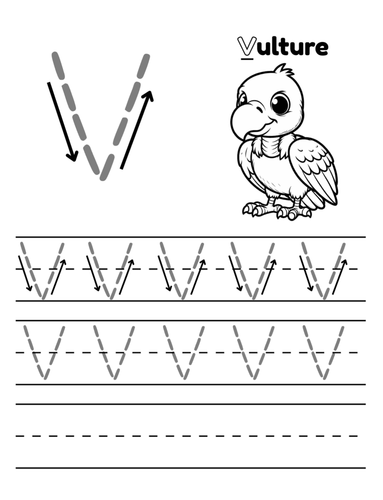Printable Letter V tracing vulture activity for kids ages 3–8