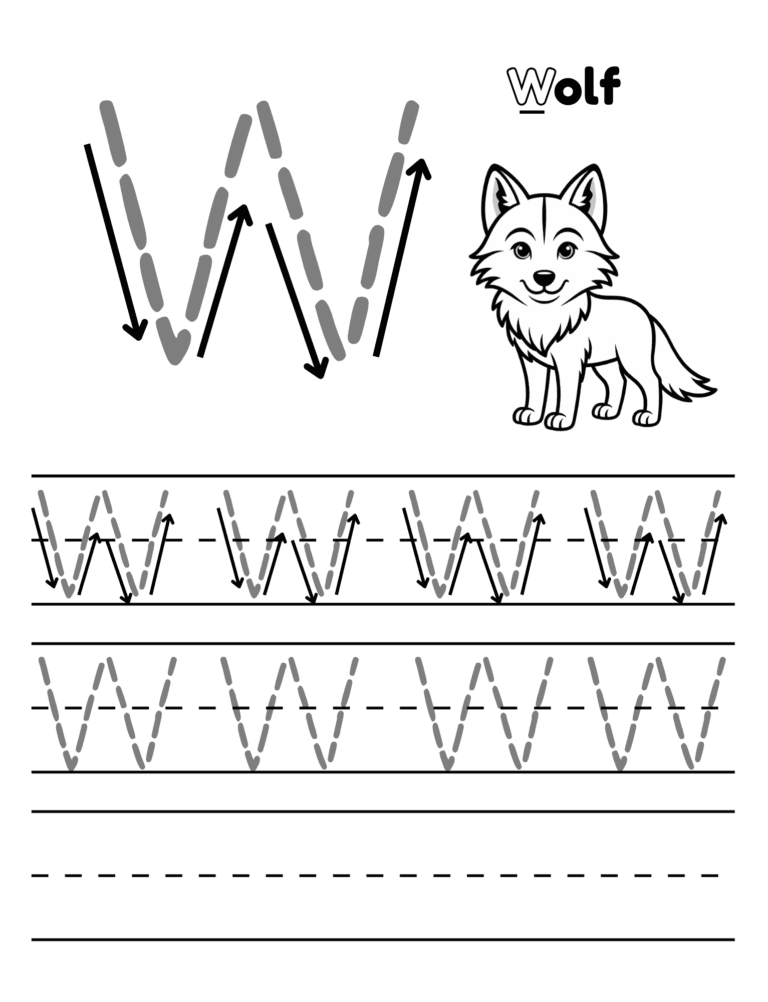 Printable Letter W tracing wolf activity for kids ages 3–8
