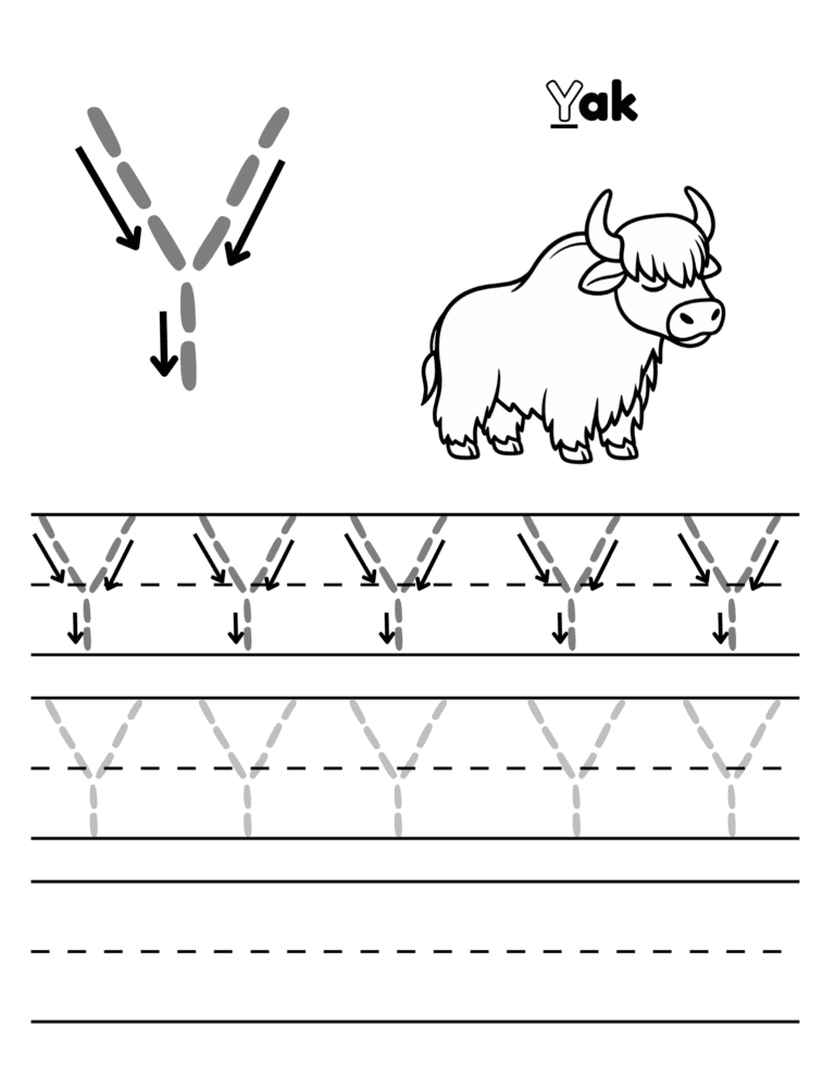 Printable Letter Y tracing yak activity for kids ages 3–8