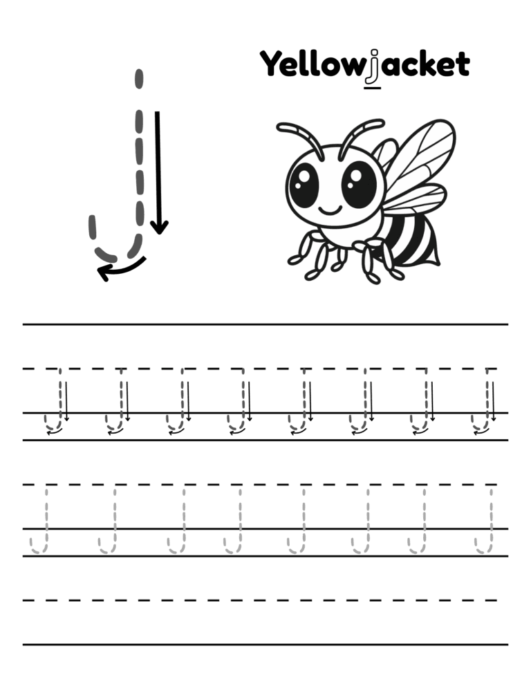 Printable Letter j tracing yellow jacket for kids ages 3–8