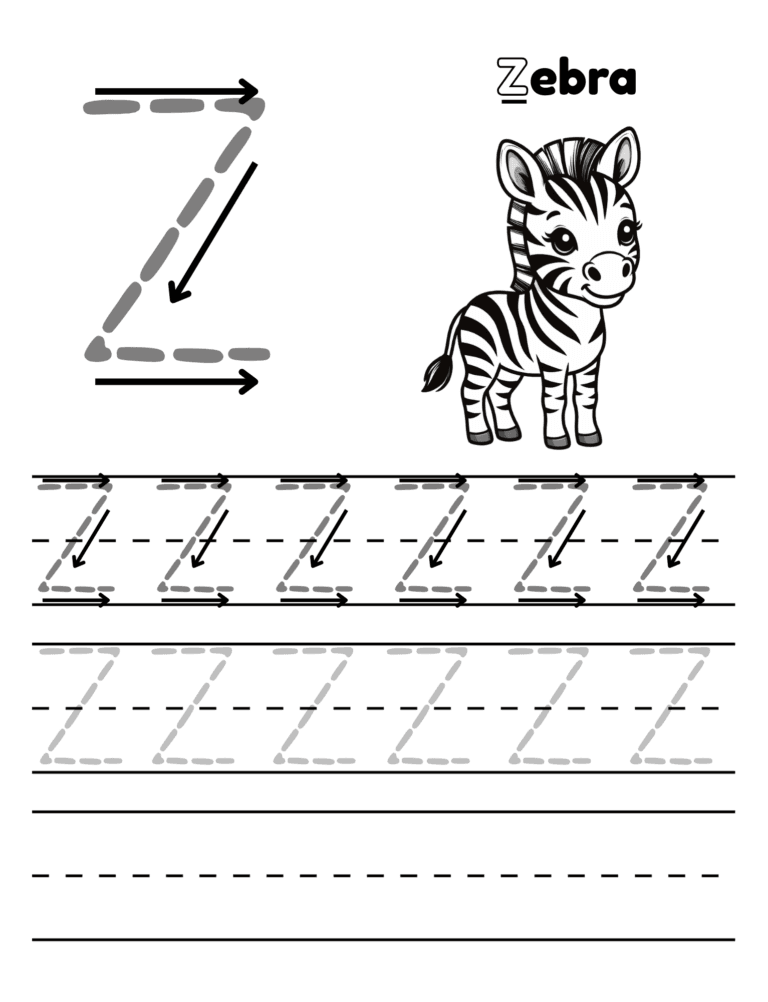 Printable Letter Z tracing zebra activity for kids ages 3–8