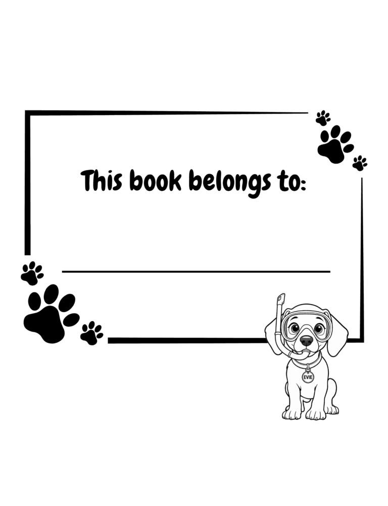 ‘This book belongs to’ page for Evie’s Ocean Adventures