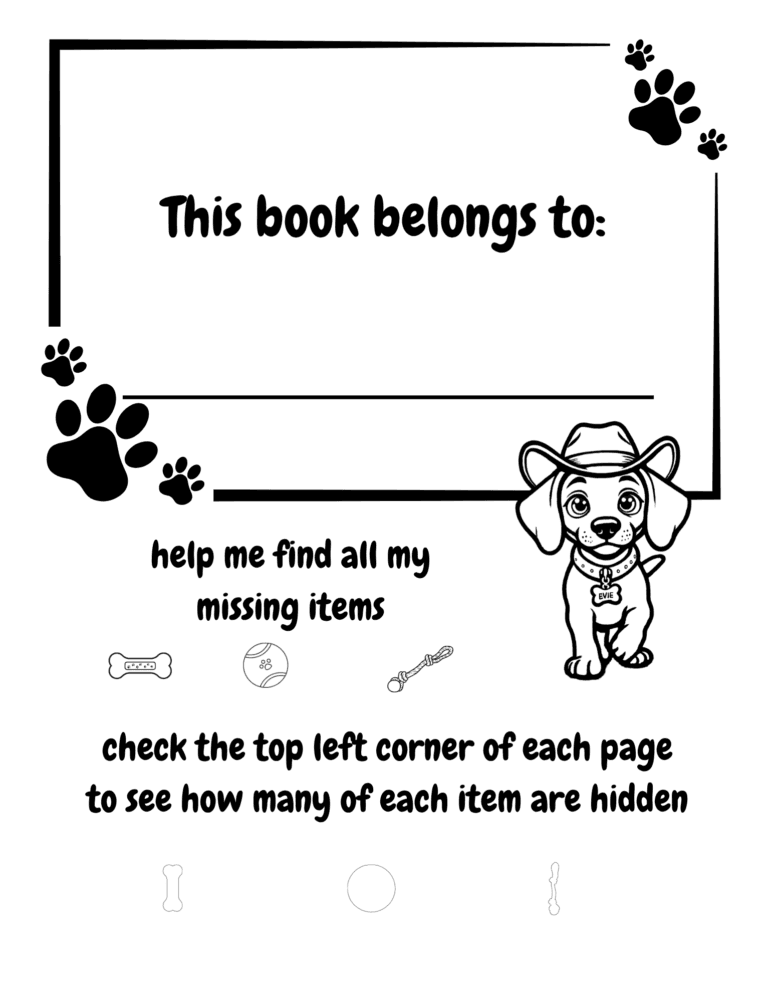 ‘This book belongs to’ page for Evie’s Farm Adventures