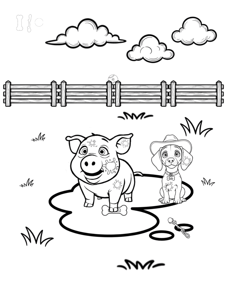 Printable pigs in the mud farm coloring page for kids ages 3–8