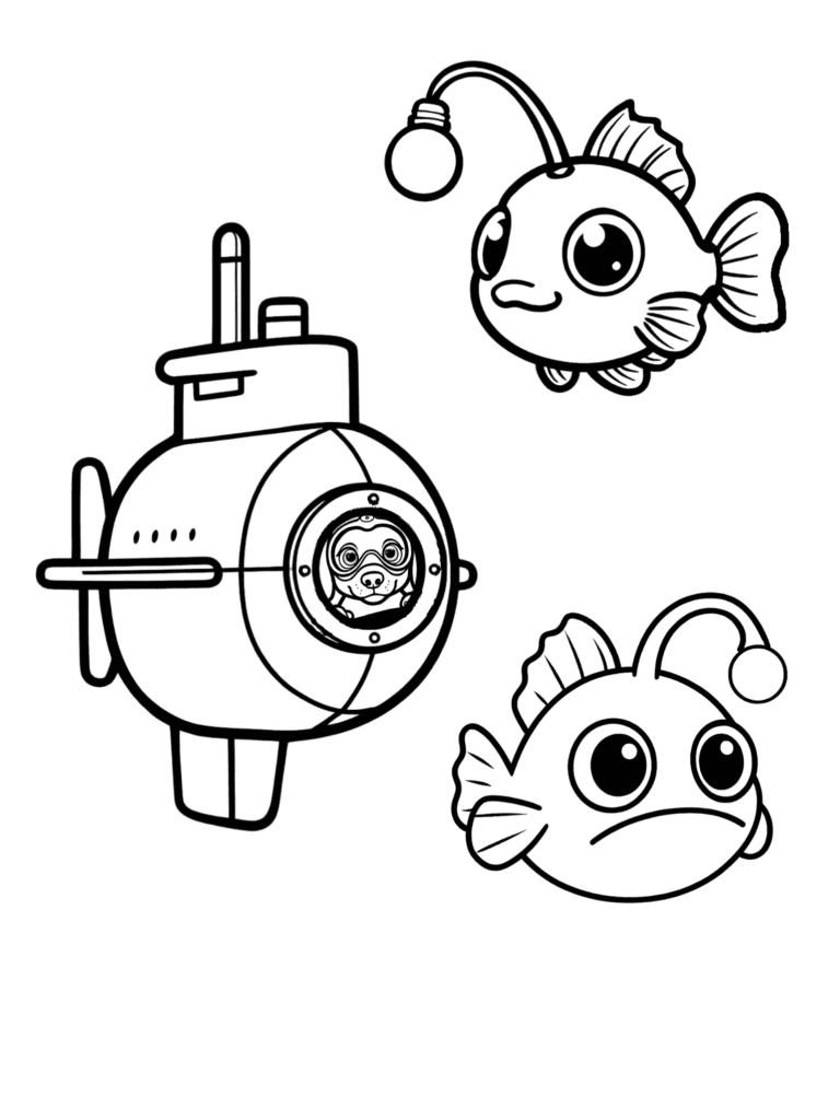 Printable deep-sea submarine ocean coloring page for kids ages 3–8